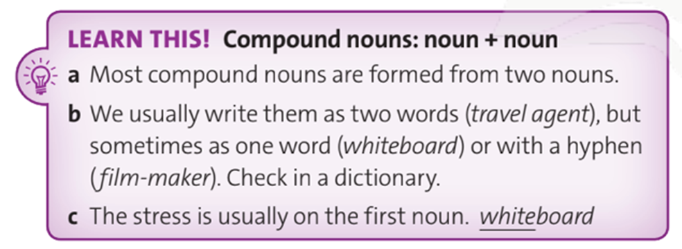 Read the Learn this! box. Then listen and repeat the compound nouns in exercise 3. (Đọc bảng Learn this. Sau đó nghe và lặp lại các danh từ ghép trong bài tập 3) (ảnh 1)