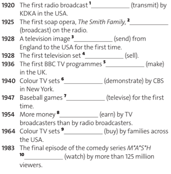 Complete the broadcasting facts. Use the past simple passive form of the verbs in brackets. (Hoàn thành các dữ kiện được phát sóng. Sử dụng dạng bị động của thì quá khứ đơn của các động từ trong ngoặc)  (ảnh 1)