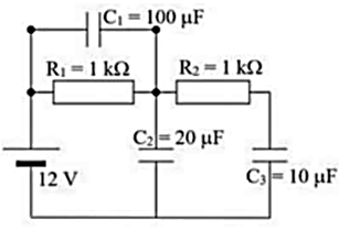 Xét mạch điện có cấu tạo như hình vẽ, mạch ở trạng thái ổn định. Năng lượng tích trữ trong các tụ điện C1, C2, C3 lần lượt là: (ảnh 1)