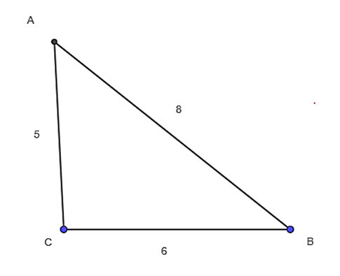 Cho tam giác ABC có a = 6, b = 5, c = 8. Tính cosA, S, r. (ảnh 1)