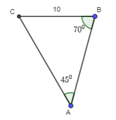 Cho tam giác ABC có a = 10, góc A = 45 độ, góc B = 70 độ. Tính R, b, c. (ảnh 1)