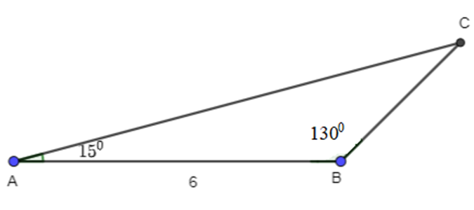 : Giải tam giác ABC và tính diện tích tam giác đó, biết góc A = 15 độ, góc B = 130 độ, c = 6. (ảnh 1)