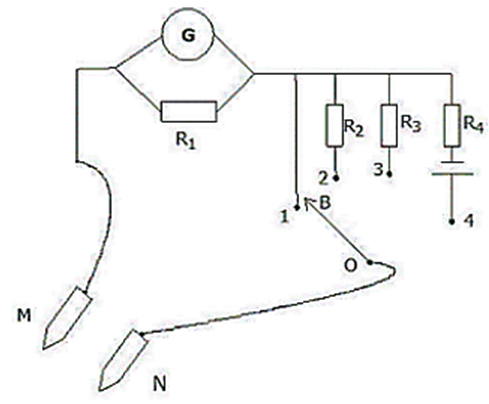Sơ đồ một máy đo vạn năng được mô tả bằng hình vẽ với công tắc OB xoay được quanh trục O, có các điểm tiếp xúc 1, 2, 3, 4 (ảnh 1)