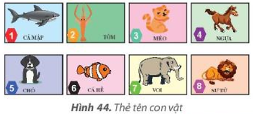 Sắp xếp thẻ tên các con vật vào nhóm. 1. Hãy sắp xếp các thẻ tên con vật vào hai hộp tương ứng với môi trường sống của chúng (dưới nước và trên cạn). Sau khi sắp xếp, em hãy tìm thẻ con voi. (ảnh 1)