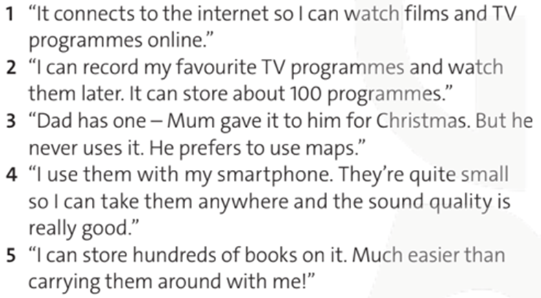 Read the sentences below. Which gadget is each person talking about? (Đọc đoạn văn phía dưới. Mỗi người đang nói về tiện ích nào?) (ảnh 1)