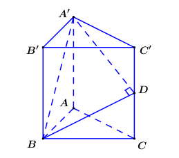 Cho hình lăng trụ đứng ABC.A'B'C' có AB = 1, AC = 2, AA' = 2 căn bậc hai của 5 (ảnh 1)
