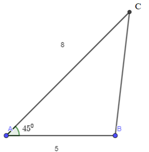 Cho tam giác ABC, có AB = 5, AC = 8 và góc A = 45 độ. Tính độ dài các cạnh và độ lớn (ảnh 1)