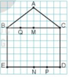 Trong hình bên: a) Nêu tên trung điểm của các đoạn thẳng BC, ED, BM, ND (ảnh 1)