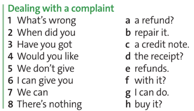 Key phrases. Match the sentence halves. (Cụm từ khoá. Nối các nửa câu sau)  Dealing with a complaint (Giải quyết phàn nàn) (ảnh 1)