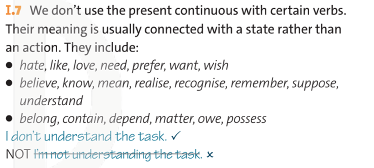 We don't use the present continuous with certain verbs. Their meaning is usually connected with (ảnh 1)