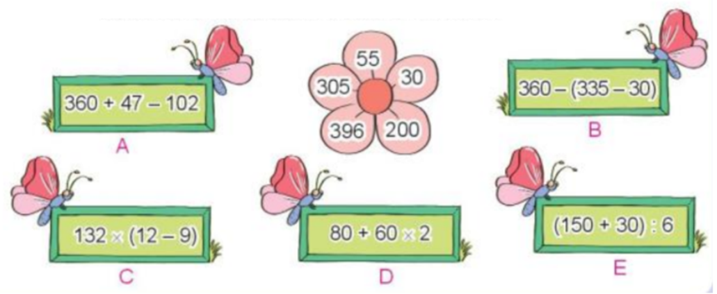 Mỗi số ghi ở cánh hoa là giá trị của biểu thức nào? (ảnh 1)