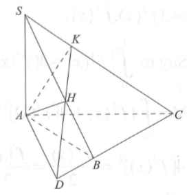 Trong không gian Oxyz , cho điểm A(1;0;2), B(-2;0;5), C(0;-1;7) . Trên đường thẳng d vuông góc với mặt phẳng (ABC)  tại A lấy một điểm S . Gọi H,K  lần lượt là hình chiếu vuông góc của A  lên SB,SC . Biết khi  S di động trên d(S khác A)  thì đường thẳng HK  luôn đi qua một điểm cố định D . Tính độ dài đoạn thẳng AD . (ảnh 1)