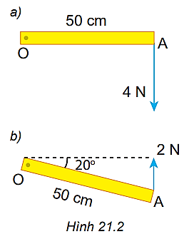 Hình 21.2 mô tả một chiếc thước mảnh OA, đồng chất, dài 50 cm, có thể quay quanh trục quay cố định ở đầu O. 1. Trong các tình huống ở Hình 21.2a, b thước OA quay theo chiều kim đồng hồ hay ngược chiều kim đồng hồ? 2. Tính moment lực ứng với mỗi tình huống trong Hình 21.2.   (ảnh 1)
