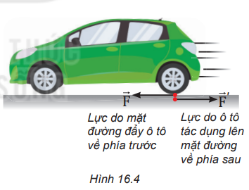 Một ô tô chuyển động trên mặt đường (Hình 16.4), nếu lực do ô tô tác dụng lên mặt đường có độ lớn bằng lực mà mặt đường đẩy ô tô thì tại sao chúng không “khử nhau”? (ảnh 1)