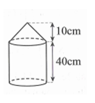 Một cái cột có hình dạng như hình bên (gồm một khối nón và một khối trụ khép lại). Chiều cao đo được ghi trên hình, chu vi đáy là 20cm. Thể tích của cột bằng (ảnh 1)