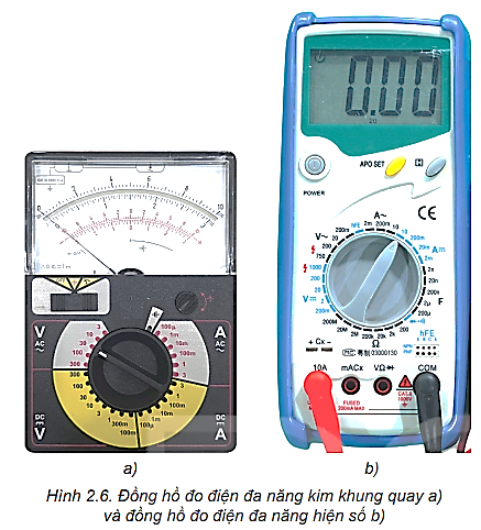 Điều chỉnh vị trí của kim đo, chọn thang đo và cắm các dây đo trên đồng hồ đa năng (Hình 2.6) để đo hiệu điện thế, cường độ dòng điện và điện trở như thế nào? (ảnh 1)