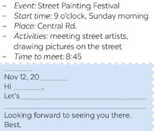 Write a letter to invite someone to a street painting festival using the following cues ( Viết một lá thư mời ai đó đến lễ hội street painting sử dụng  (ảnh 1)