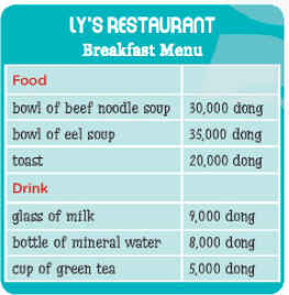 Work in pairs. Take turn to ask and answer about the prices of the food and drink on the menu (ảnh 1)