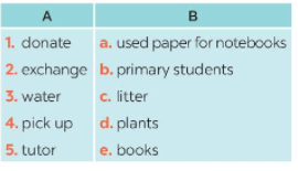 Match a verb in A with a word or phrase in B ( Nối các động từ ở A với các từ hoặc cụm từ ở B) (ảnh 1)