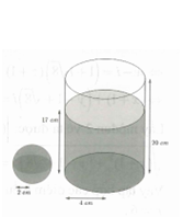 Một ly nước hình trụ có chiều cao 20cm và bán kính đáy bằng 4cm. Bạn Nam đổ nước vào ly cho đến khi mực nước cách đáy ly 17cm thì dừng lại. Sau đó, Nam lấy các viên đá lạnh hình cầu có cùng bán kính 2cm thả vào ly nước. Bạn Nam cần dùng ít nhất bao nhiêu viên đá để nước trào ra khỏi ly? (ảnh 1)