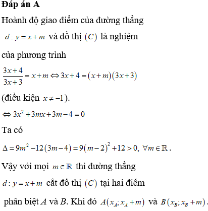 Cho hàm số y=3x+4/x+4  có đồ thị (c) . Tổng các giá trị của tham số m  (ảnh 1)