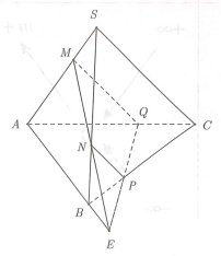 Cho điểm   trên cạnh SA, điểm   trên cạnh SB của hình chóp tam giác S.ABC có thể tích bằng   sao cho   Mặt phẳng   qua MN và song song với SC chia khối chóp S.ABC thành hai khối đa diện có thể tích bằng nhau. Khẳng định nào sau đây là đúng (ảnh 1)