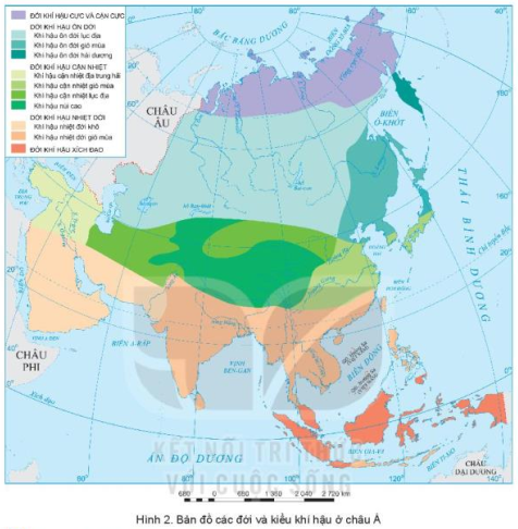 : Dựa vào thông tin ở mục c và hình 2, hãy: - Nêu đặc điểm khí hậu châu Á. - Xác định phạm vi của các kiểu khí hậu gió mùa và các kiểu khí hậu lục địa. - Nêu ý nghĩa của khí hậu đối với việc sử dụng và bảo vệ tự nhiên. (ảnh 1)