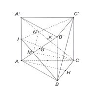 Cho hình lăng trụ tam giác đều ABC.A'B'C'  có cạnh đáy bằng a và cạnh bên bằng  . Lấy M, N lần lượt trên cạnh AB', A'C'  sao cho  . Tính thể tích V của khối  . (ảnh 1)
