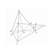 Cho tứ diện ABCD và M, N, P lần lượt thuộc BC, BD, AC sao cho  ,  ,  . Mặt phẳng   cắt AD tại Q. Tính tỷ số thể tích hai phần khối tứ diện ABCD bị chia bởi mặt phẳng  . (ảnh 1)