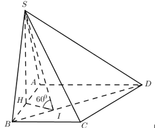 Cho hình chóp S.ABCD có đáy là hình thang vuông tại A và B. Hình chiếu vuông góc của S trên mặt đáy (ABCD) trùng với trung điểm AB. Biết (ảnh 1)