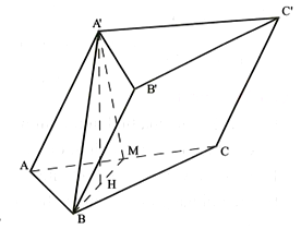 Cho khối lăng trụ tam giác ABC.A'B'C', đáy là tam giác ABC đều cạnh a. Gọi M là trung điểm AC. Biết tam giác A'MB cân tại A' và nằm trong mặt phẳng vuông góc với mặt phẳng (ABC). Góc giữa A'B với mặt phẳng (ABC) là 30 độ. Thể tích khối lăng trụ đã cho là: (ảnh 1)