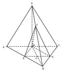 Cho hình chóp S.ABC có đáy ABC là tam giác vuông cân đỉnh B, \[AB = 4,SA = SB = SC = 12\]. Gọi M, N, E lần lượt là trung điểm AC, BC, AB. Trên cạnh SB lấy điểm F sao cho (ảnh 1)