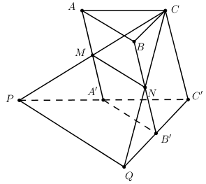 Cho khối lăng trụ \[ABC.A'B'C'\] có thể tích bằng 1. Gọi \[M,N\] lần lượt là trung điểm của các đoạn thẳng \[AA'\] và \[BB'\]. Đường thẳng CM cắt đường thẳng (ảnh 1)
