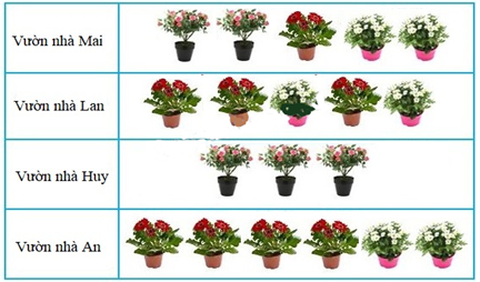 Cho biểu đồ tranh thể hiện số cây hoa trồng trong vườn của nhà bốn bạn Mai; Lan; Huy; An (ảnh 1)