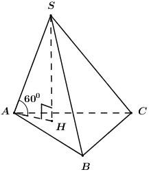 Một khối chóp tam giác có cạnh đáy bằng 6, 8, 10. Một cạnh bên có độ dài bằng 4 và tạo với đáy góc 600. Thể tích của khối chóp đó là: (ảnh 1)