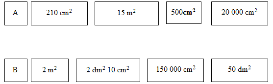 Nối cột A với cột B cho phù hợp 210 cm^2    =  2 dm^2 10 cm^2 (ảnh 1)