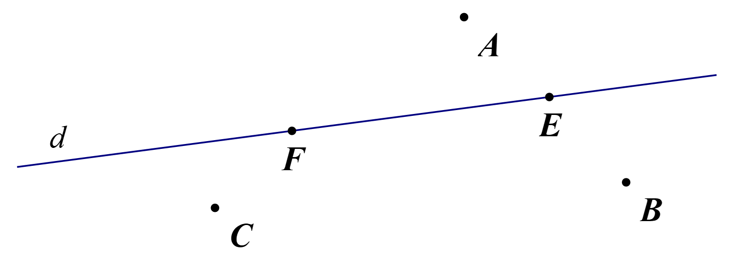 Hình vẽ nào dưới đây thể hiện đúng theo cách diễn đạt “Đường thẳng d đi qua các điểm A, B, C nhưng không đi qua các điểm E, F”. (ảnh 2)