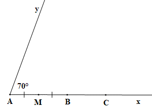 Vẽ tia Ax.  a) Vẽ góc xAy có số đo bằng 70°, góc xAy là góc gì?  b) Trên tia Ax lấy điểm B và C sao cho B nằm giữa A và C, AB = 3 cm, AC = 5 cm. Gọi M là trung điểm của AB. Tính độ dài đoạn thẳng BC và MC. (ảnh 1)