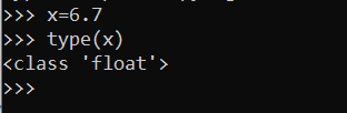 Kết quả của dòng lệnh sau >>x=6.7 >>type(x) A. int. B. float. C. string. D. double. (ảnh 1)