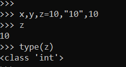 Kết quả của dòng lệnh sau >>> x, y, z = 10, “10”, 10 >>> type(z) A. int. B. float. C. double. D. str. (ảnh 1)