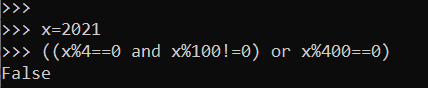 Kết quả của đoạn chương trình sau: x=2021 print((x%4==0 and x%100!=0) or x%400==0) A. 55. B. True. C. 5. D. False. (ảnh 1)