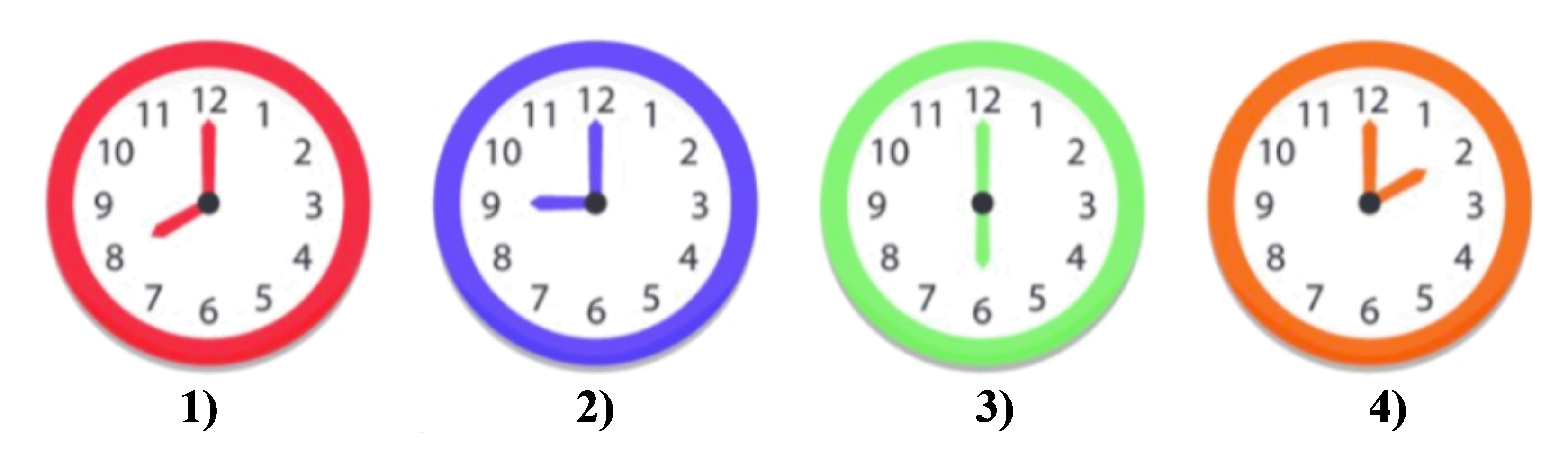 Trong các hình đồng hồ sau, hình nào có góc tạo bởi hai kim đồng hồ nào là góc vuông (ảnh 1)