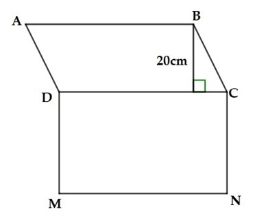 Tính diện tích của hình H gồm hình bình hành ABCD và hình chữ nhật DCNM, biết hình chữ nhật DCNM có chu vi bằng 180 cm và chiều dài MN gấp 4 lần chiều rộng CN. (ảnh 1)
