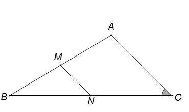 Tam giác ABC có đoạn thẳng nối trung điểm của AB và BC bằng 3, cạnh  AB = 9 và (ảnh 1)