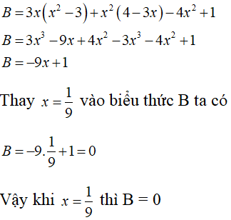 Rút gọn và tính giá trị biểu thức: a. A = x(x + y) - 5(x + y) với x = 1, y = 2 b. B = 3x(x^2 - 3) + x^2(4 - 3x) - 4x^2 + 1 tại x = 1/9 (ảnh 1)