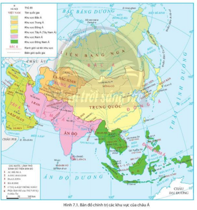 Dựa vào hình 7.1, em hãy xác định các khu vực của châu Á và các quốc  (ảnh 1)