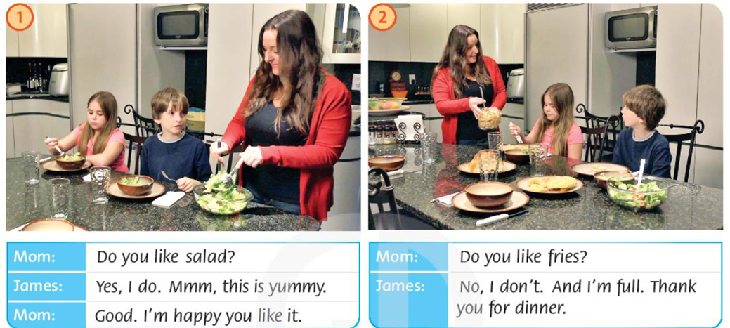 Listen. Read and say (Nghe. Đọc và nói) 1. Mom: Do you like salad? (ảnh 1)