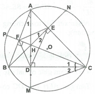 Cho tam giác ABC có ba góc nhọn nội tiếp đường tròn (O). Các đường cao AD, BE, CF cắt nhau tại H và cắt đường tròn (O) (ảnh 1)