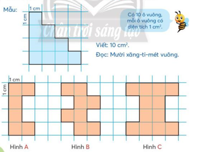 Viết và đọc số đo diện tích mỗi hình A, B, C (theo mẫu): (ảnh 1)