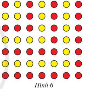 Quan sát Hình 6. a) Nêu quy luật sắp xếp các chấm đỏ và vàng xen kẽ  (ảnh 1)
